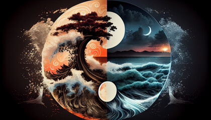 Symbol of yin and yang, day and night, sun and moon - obrazy, fototapety, plakaty