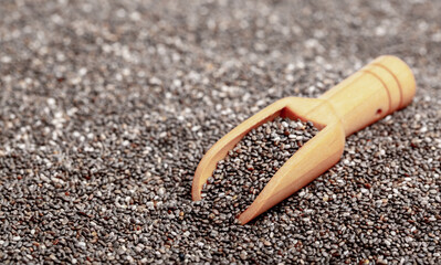 Chia seeds close-up with a wooden spoon. Chia seeds macro. Dry healthy supplement for proper nutrition.