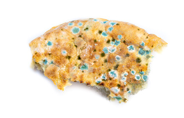 Mold on bread close-up macro. Mold on food. Fluffy mold spores as a background or texture. Mold fungus. Abstract background with copy space.