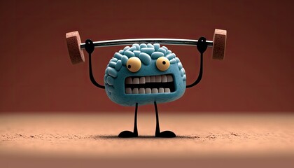 Funny cartoon brain with legs and hands lifts heavy barbell, brain training illustration on solid background. Funny easy brain development concept with barbell, generative AI