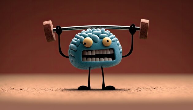 Funny cartoon brain with legs and hands lifts heavy barbell, brain training illustration on solid background. Funny easy brain development concept with barbell, generative AI