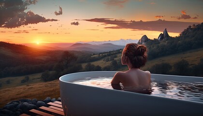 Young woman take bath outdoor at sunset, girl rear view to nude back take relax SPA procedure on nature fresh air at sunset, vacation rest and contemplating environment beauty, generative AI - obrazy, fototapety, plakaty