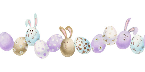 Watercolor hand drawn Easter celebration clipart. Seamless border with eggs, bunnies, flowers, leaves and willow. Isolated on white background. Invitations, gifts, greeting cards, print, textile