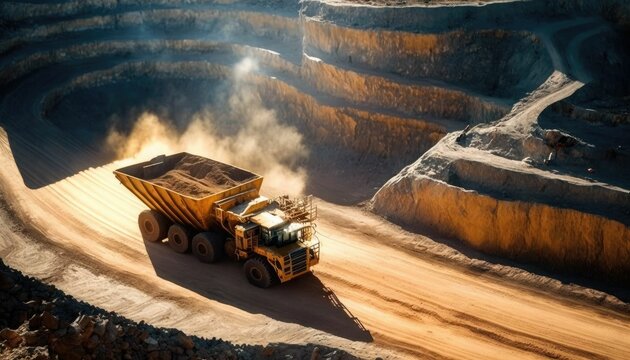 Loaded haul truck transport from open pit mining quarry, yellow truck in coal open cast mine, high production mining, heavy duty construction environments. Yellow haul truck in quarry, generative AI