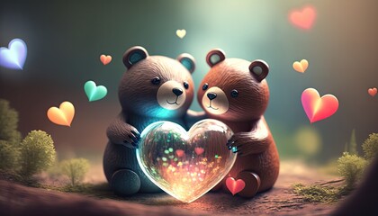 Fototapeta Two little bears toys holds heart in paws on colorful lens flare background, cute attractive miniature in love teddy bears couple make marriage proposal to loved one, generative AI obraz