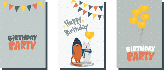 Naklejka premium A set of children's postcards. Birthday card. Postcard for a child's birthday. Postcards with cute cats