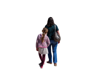 Une maman et sa fillette en promenade printanière, vues de dos