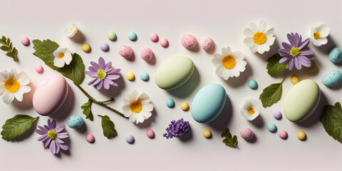 3d Easter banner with flowers, generative ai