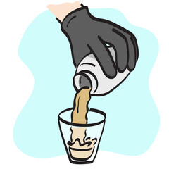closeup hand of bartender pouring cocktail from shaker illustration vector hand drawn isolated on white background line art.