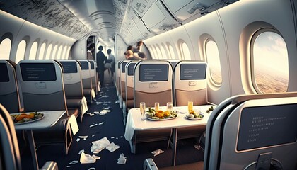 Mess in plane aisle after strong turbulence, scattered personal belongings and food between rows of seats in airplane cabin, muddle and confusion at turbulent flow in flight, generative AI