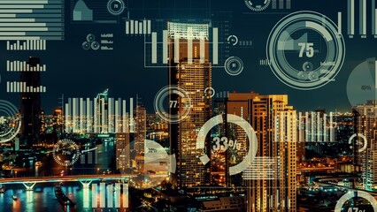 Business data analytic interface fly over smart city showing alteration future of business intelligence. Computer software and artificial intelligence are used to analyze big data for strategic plan .