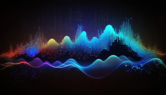 Audio wave multicolored neon glowing audible acoustic waves of music song, colorful sound range of audio frequency. Beautiful colors of sound on black background, generative AI