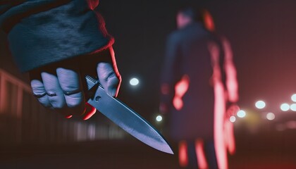 Robber hand holds knife close up threatening woman silhouette walking alone dark street, maniac man hunts for female victim on deserted street. Close up killer hand with sharp knife, generative AI