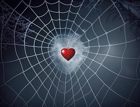 Red heart got caught in spider web on blurred dark background, captivity feeling of love concept, human feelings in blind love. Red heart love symbol in trapped in white spider web, generative AI