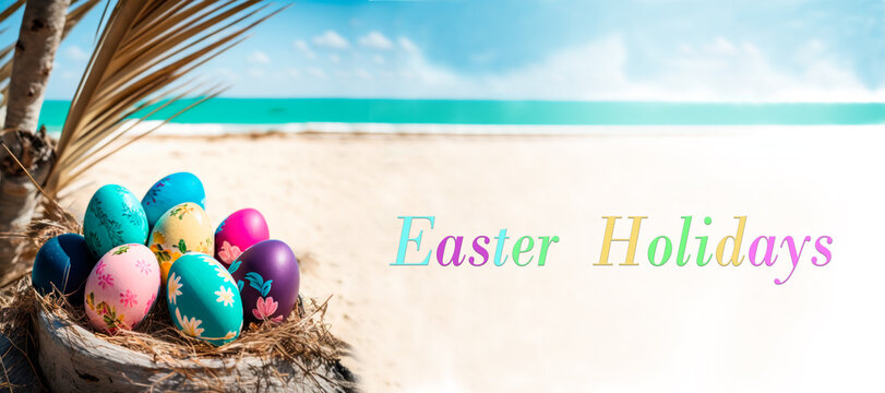 colorful painted easter eggs on paradisiacal beach holy week holiday concept , generative ai
