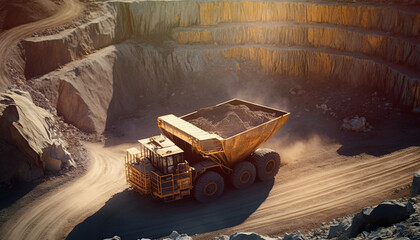 Loaded haul truck transport from open pit mining quarry, yellow truck in coal open cast mine, high production mining, heavy duty construction environments. Yellow haul truck in quarry, generative AI - obrazy, fototapety, plakaty
