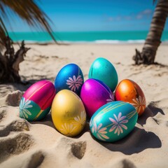 Fototapeta na wymiar colorful painted easter eggs on paradise beach, generative ai