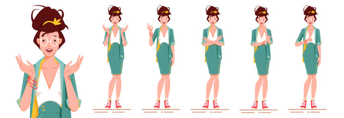 Elegant young business woman in different poses set, wearing sneakers . Various gestures excited, thinking, standing with crossed hands, showing thumb up and ok sign isolated vector illustration