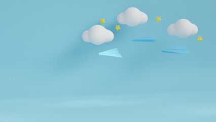 Airplane clouds, paper planes and stars for background, 3D rendering.