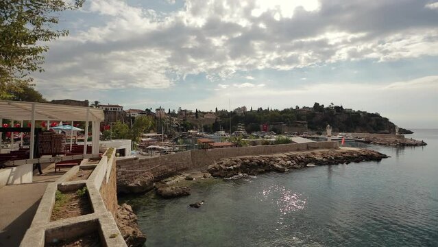 Panorama from the tourist embankment of Antalya to the sea.