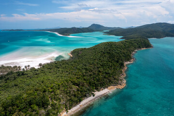 Aerial view of beautiful Whitehaven Beach and Hill Inlet  in the Whitsundays