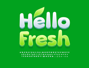 
Vector template poster Hello Fresh with decorative Leaf. Funny White Font. Cute Alphabet Letters, Numbers and Symbols set