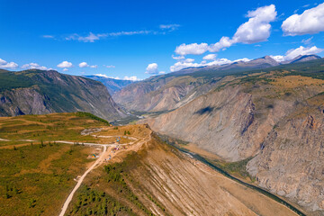 Katu-Yaryk pass in Altai mountains Chulyshman river gorge Russia. Beautiful aerial top view landscape