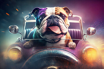 dog driving car on colorful background