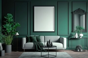 Modern living room with plants, counter and frame.white green pastel color background Made With Generative AI