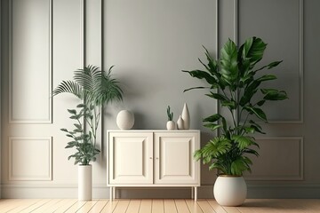 Fototapeta na wymiar Modern living room with plants, counter and frame.white green pastel color background Made With Generative AI