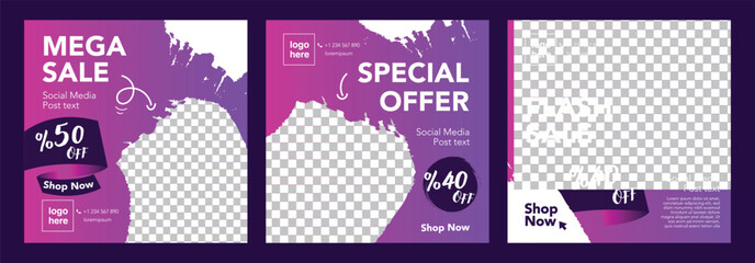Set of Editable square banner template. purple background color with shape. Suitable for social media post and web ads. Modern promotion square banner. 