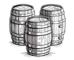 Wooden barrels three hand drawn sketch illustration, Winemaking