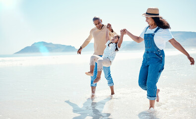 Family, beach and mother and father with girl playing for bonding, quality time and adventure...