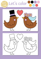 Wedding coloring page for children with cute just married bird couple. Vector marriage ceremony color book for kids with animal bride, groom and colored example. Drawing skills printable worksheet.