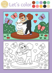 Fototapeta premium Wedding coloring page for children with cute dancing just married couple. Vector marriage ceremony color book for kids with bride, groom and colored example. Drawing skills printable worksheet