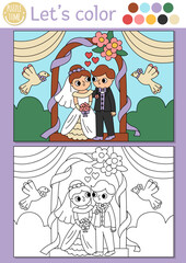 Wedding coloring page for children with cute just married couple under arch. Vector marriage ceremony color book for kids with bride, groom and colored example. Drawing skills printable worksheet.