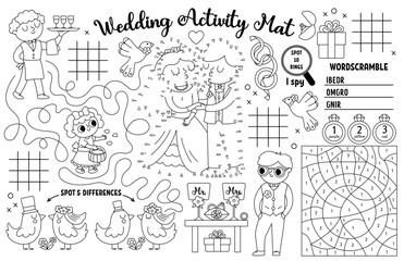 Vector wedding placemat for kids. Marriage ceremony printable activity mat with maze, tic tac toe charts, connect the dot, find difference. Bridal shower black and white play mat, coloring page