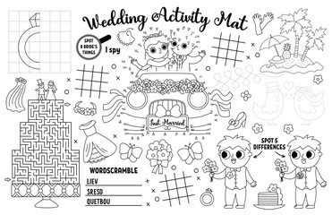 Vector wedding placemat for kids. Marriage ceremony printable activity mat with maze, tic tac toe charts, connect the dot, find difference. Bridal shower black and white play mat, coloring page.