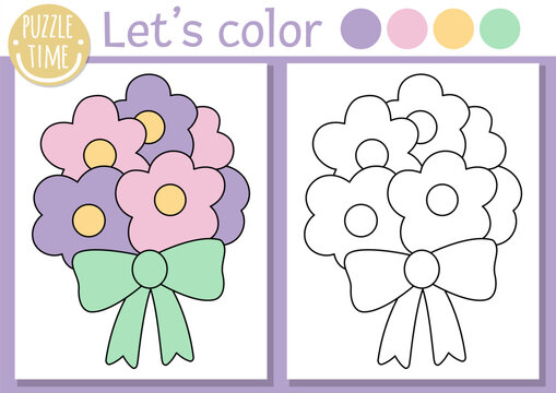 Coloring page for children with cute wedding or spring bouquet. Vector marriage ceremony color book for kids with flower arrangement and colored example. Drawing skills printable worksheet.