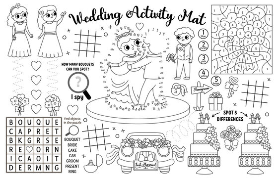 Vector wedding placemat for kids. Marriage ceremony printable activity mat with maze, tic tac toe charts, connect the dot, find difference. Bridal shower black and white play mat, coloring page.