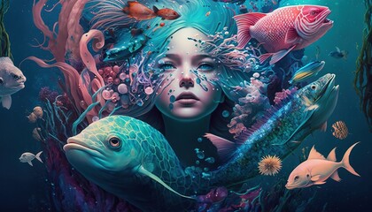 Fototapeta na wymiar Mermaid's Dream: A Surreal Underwater Adventure