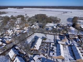 Aerial views of the village Uffelte in winter with snow. Drenthe. Netherlands.