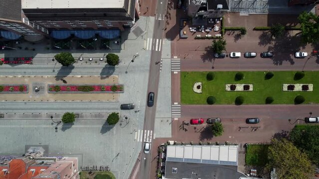Aerial top down view of streets of Zeist a town is located in the Utrecht province of the Netherlands showing the main road through the downtown city center the Slotlaan 4k high resolution quality