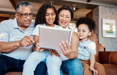 Family, relax and girl with tablet on sofa in home living room for social media or funny video...