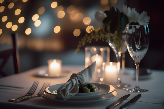 Romantic dinner place setting with plates and cutlery on table. Generative AI technology