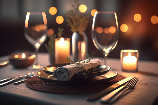 Elegant table setting with candles in restaurant. Selective focus. Generative AI technology