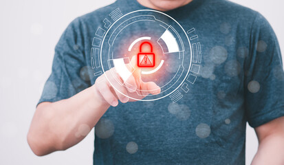 a person touching a virtual screen to access information, concept management digital transformation Internet of Things, Big Data and Business Processes, Automated Operations, Data Storage