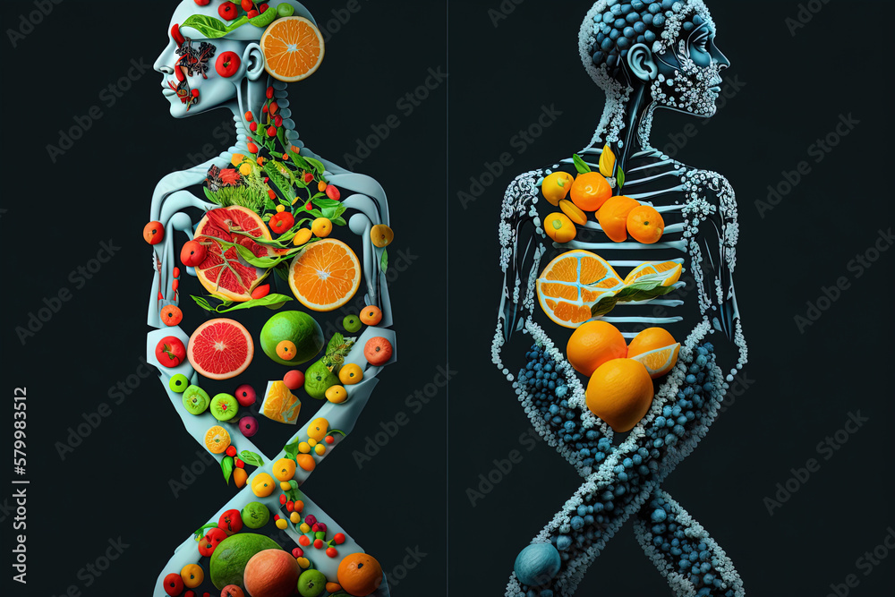 Poster abstract silhouette of a man with fruits. diet and dna concept. generated by ai