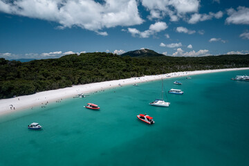 Aerial view of Whitehaven Beach with boats
