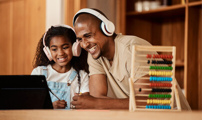 Headphones, home education and father with kid for video call, math learning and e teaching support...